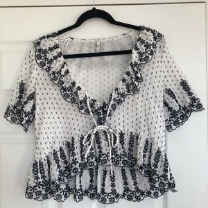 Zara TRF White and Black Cotton Embroidered Blouse
